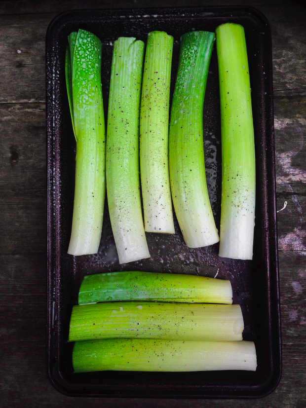 trim your leeks to fit your roasting tin